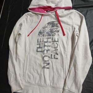The North Face White Hoodie with Pink Hood Lining and Red Drawstrings